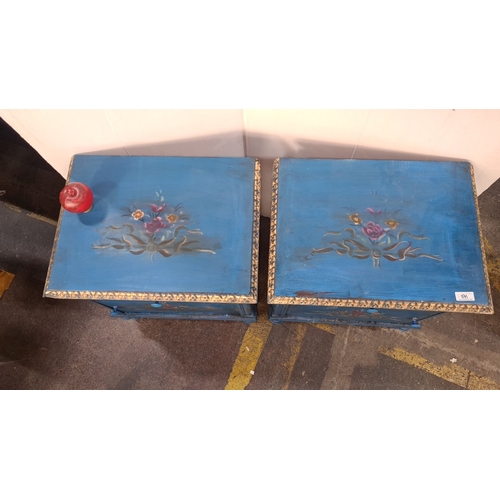 1171 - Star Lot : A lovely Pair of hand-painted blue nightstands with floral motifs and carved detailing. V... 