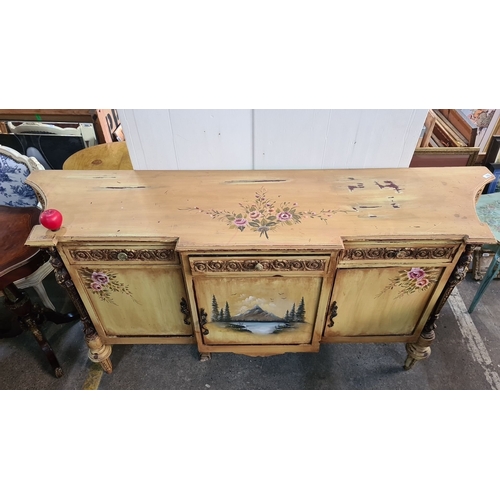 1178 - Star Lot : A fabulous French sideboard hand-painted with floral and mountain landscape motifs, featu... 