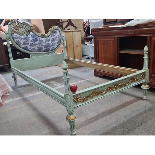 1182 - Star Lot : A stunning Rococo-inspired single bed frame with floral carvings, distressed mint finish,... 