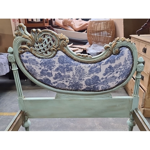 1182 - Star Lot : A stunning Rococo-inspired single bed frame with floral carvings, distressed mint finish,... 