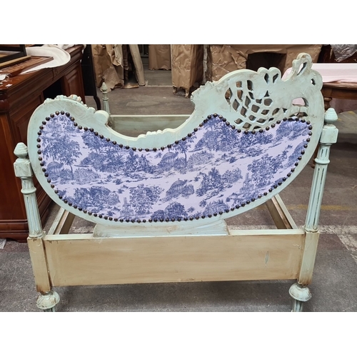 1182 - Star Lot : A stunning Rococo-inspired single bed frame with floral carvings, distressed mint finish,... 