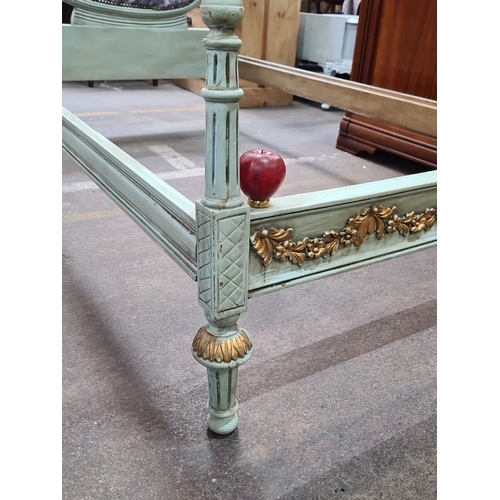 1182 - Star Lot : A stunning Rococo-inspired single bed frame with floral carvings, distressed mint finish,... 