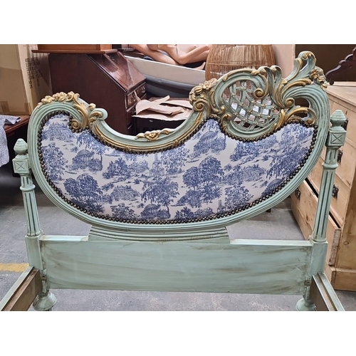 1183 - Star Lot : A stunning Rococo-inspired single bed frame with floral carvings, distressed mint finish,... 