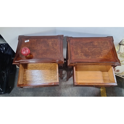 1190 - Star lot A hands Pair of mahogany side tables feature burl wood inlay and a single drawer, supported... 