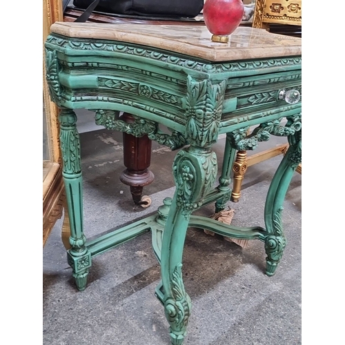 1193 - Star Lot : A Hand-carved green-painted accent table featuring ornate detailing with an Italian marbl... 