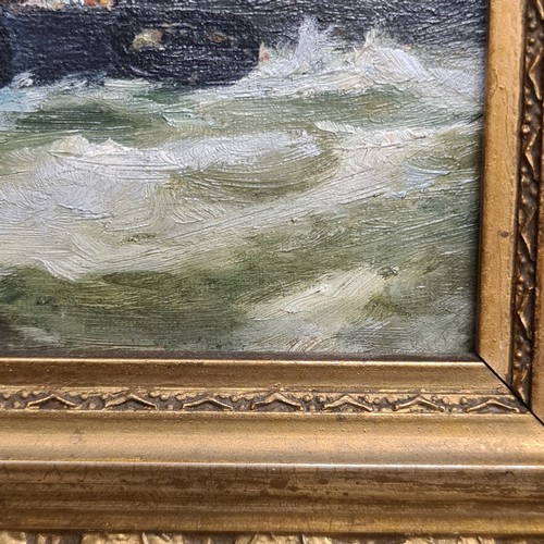 75 - Star Lot: A striking original 19th century oil on canvas painting. Features a ship by the harbour wi... 