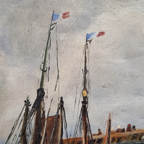 75 - Star Lot: A striking original 19th century oil on canvas painting. Features a ship by the harbour wi... 