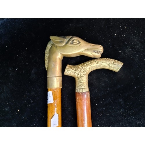 160 - Two fantastic vintage brass headed gentleman's walking canes including one horsed headed example.