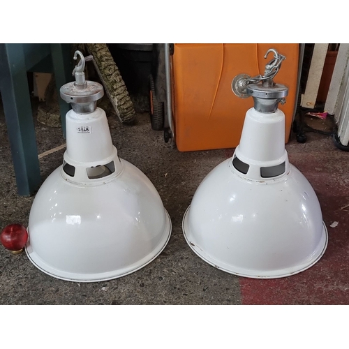 1206 - Star Lot : A fabulous large original Pair of vintage industrial white enamel pendant lights with met... 