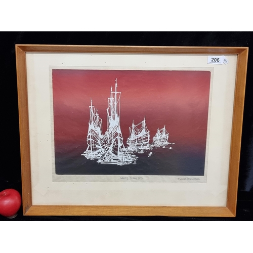 1227 - A wonderful vintage screen print on paper painting titled 'White Trawlers'. Features majestic sailin... 