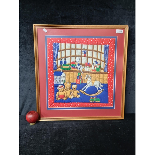 1230 - A delightful Fabric Panel Quilt. Features Teddy bears and puppets. In shades of reds, blues and ochr... 