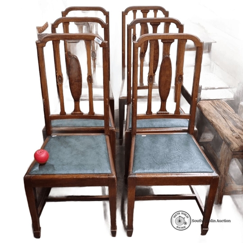 1321 - Star Lot : Set of Six Arts and Crafts oak dining chairs with decorative backrests and faux leather s... 