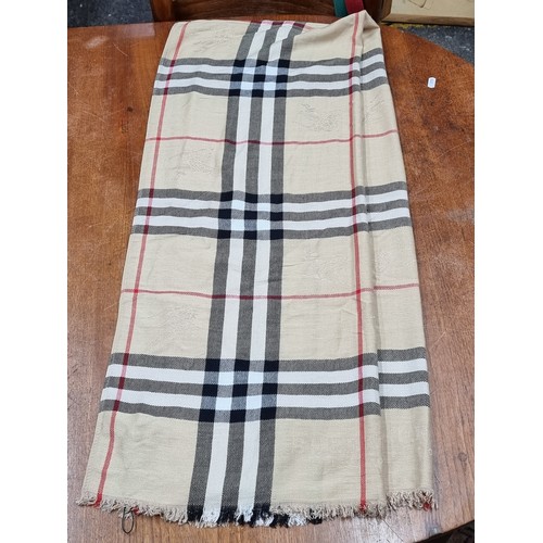 1048 - Star Lot : A fabulous extra large ladies cashmere and silk designer Burberry scarf in the iconic che... 