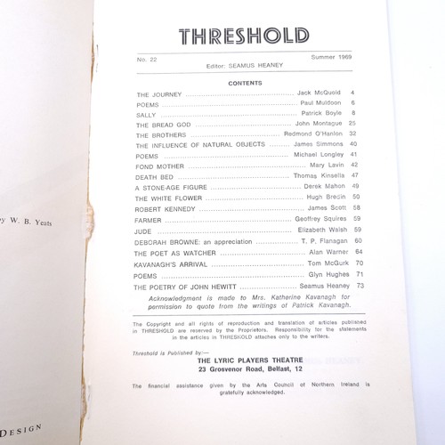 502 - A publication entitled 'Threshold'. A collection of poems edited by Seamus Heaney. Together with a h... 