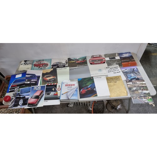 334 - Box of approximately 50 original classic car sales brochures, featuring models like Peugeot 405. Inc... 