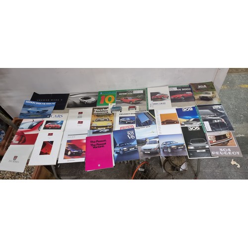 334 - Box of approximately 50 original classic car sales brochures, featuring models like Peugeot 405. Inc... 