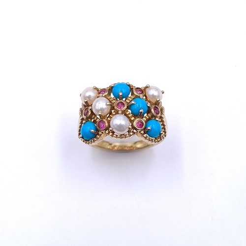 555 - A pearl & turquoise stone cluster ring with amethyst stone accents set in silver gilt. Size - P. Wei... 