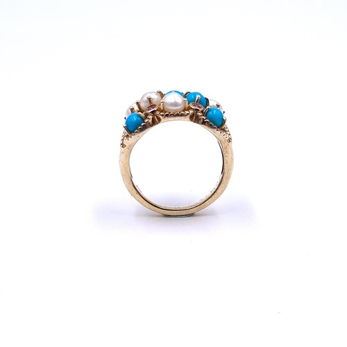 555 - A pearl & turquoise stone cluster ring with amethyst stone accents set in silver gilt. Size - P. Wei... 