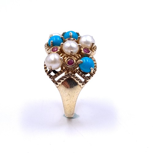 555 - A pearl & turquoise stone cluster ring with amethyst stone accents set in silver gilt. Size - P. Wei... 