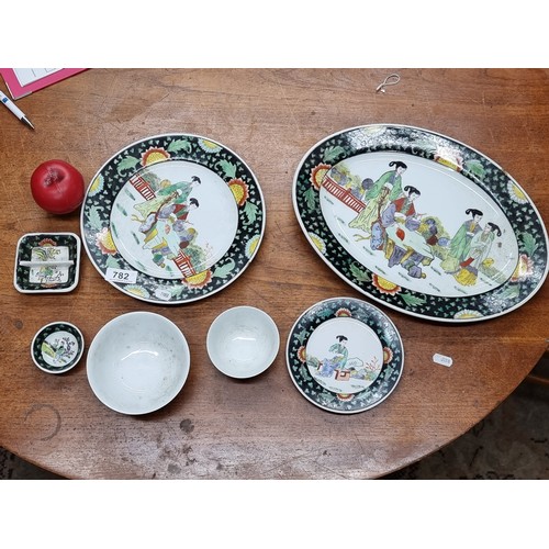 782 - Seven pieces of antique hand painted Chinese porcelain comprising of serving platter, dinner plate a... 