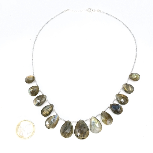 35 - A polished labrodite graduated stone teardrop necklace. Length - 42 cms. Weight - 30.5 grams. Stones... 