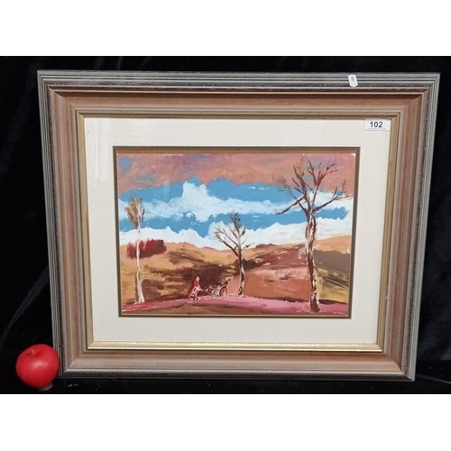 102 - A lively acrylic on board painting featuring a landscape scene populated by three trees and a pair o... 