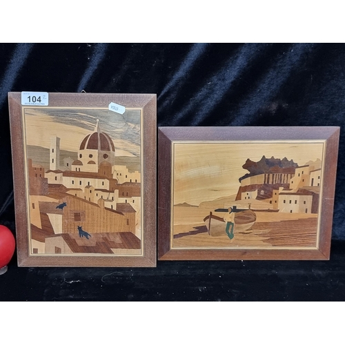 104 - A pair of Italian Sorrento marquetry / inlaid wooden artworks featuring landscapes of Florence.