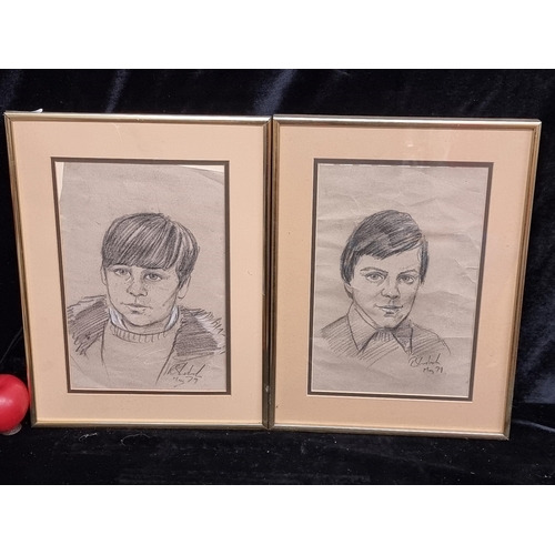 107 - Two charming original charcoal on paper drawings featuring portraits of two brothers. Signed 'R. She... 