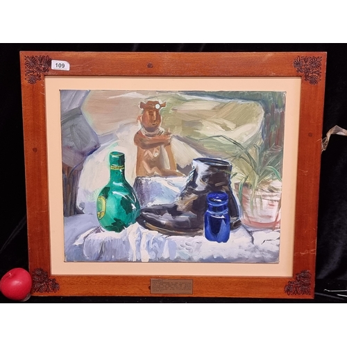 109 - An original oil on board painting titled 'Memory'. Features a still life of boot and glass bottles. ... 