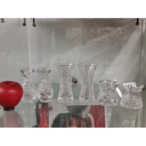 113 - Three matching pairs of Waterford Crystal vases. All in good condition with acid marks to base.