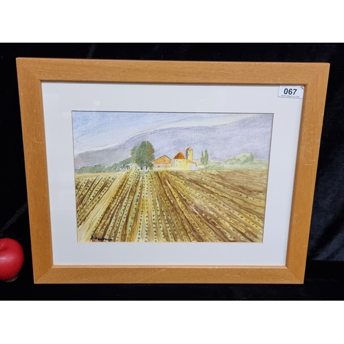 67 - A serene original watercolour on paper titled 'Fields of Provence'. Features a landscape with fields... 