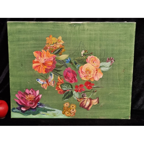 80 - A vibrant original oil on canvas painting. Features a botanical study of flowers, of roses and water... 