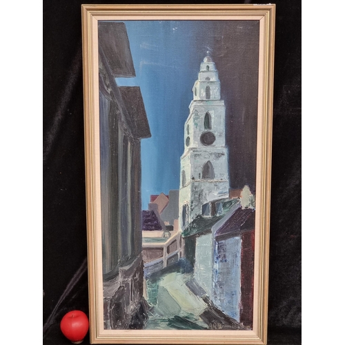 84 - A large original oil on canvas painting. Features a quaint town with buildings. Rendered in a cool c... 