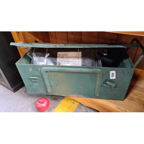469 - Metal ammunition box, vintage military-style, contains a casualty chemical protective bag. Stamped i... 