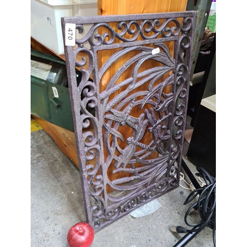 470 - Ornate cast iron boot scraper door mat  features art nouveau dragonfly motifs and intricate scrollwo... 