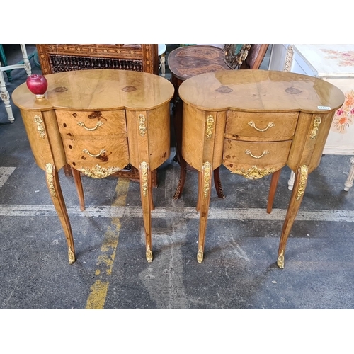 1002 - Star Lot ; A lovely Pair of Louis XV-style side tables in burr wood with ornate gilt ormolu mounts, ... 