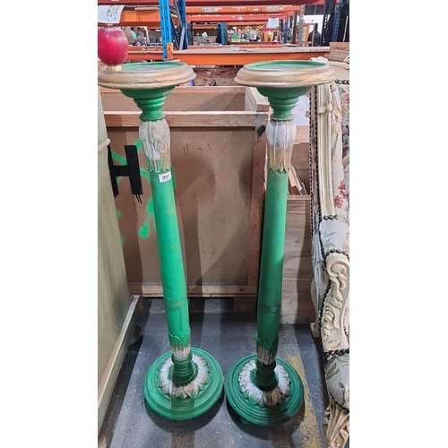 997 - Star Lot : A lovely Pair of painted tall wooden pedestals with floral motif, green and gold color sc... 