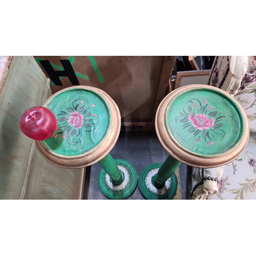 997 - Star Lot : A lovely Pair of painted tall wooden pedestals with floral motif, green and gold color sc... 