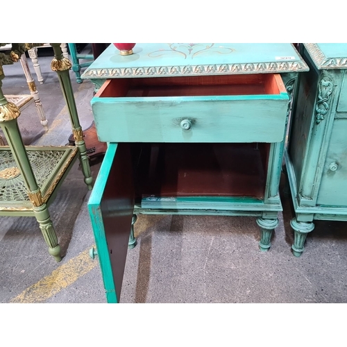 999 - Star Lot : A lovely Pair of hand-painted turquoise nightstands featuring floral motifs and carved de... 