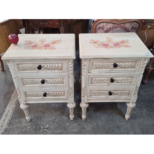 1001 - Star Lot : Pair of hand-painted vintage nightstands, featuring floral motifs and carved details, wit... 