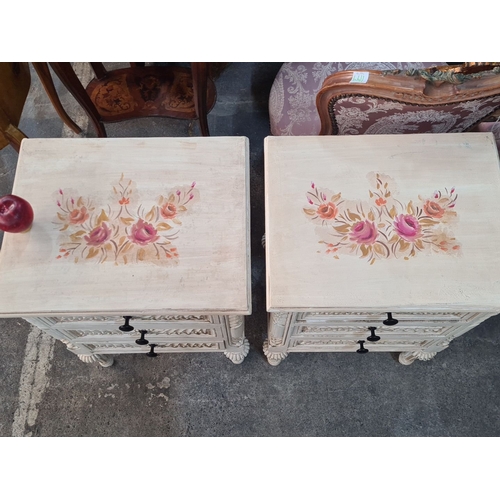 1001 - Star Lot : Pair of hand-painted vintage nightstands, featuring floral motifs and carved details, wit... 