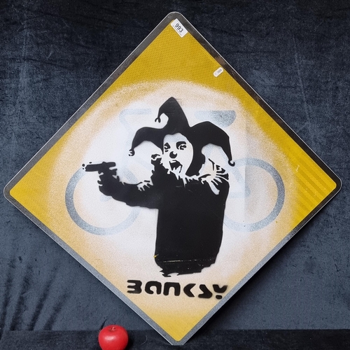 993 - A spray paint on sheet metal Road Sign after 'Banksy' titled 'Clown with Guns'.