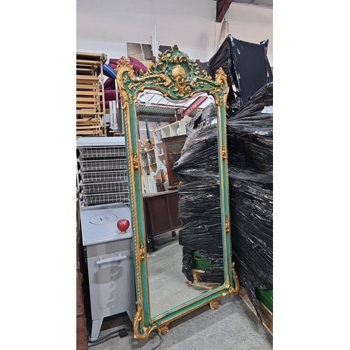 1196 - Star Lot : A lovely Rococo-style mirror, features a wooden frame with intricate green and gold detai... 