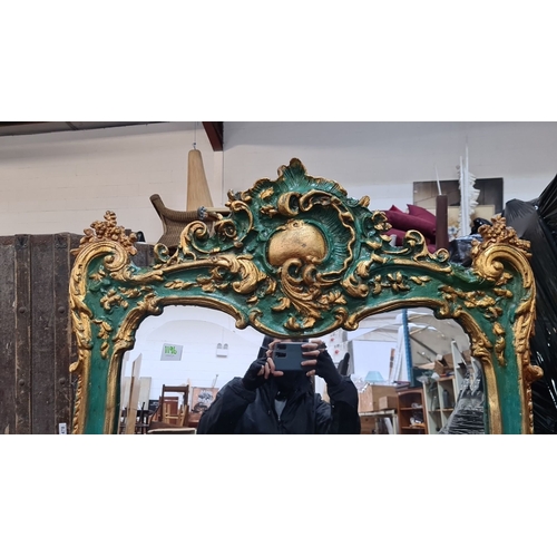 1196 - Star Lot : A lovely Rococo-style mirror, features a wooden frame with intricate green and gold detai... 