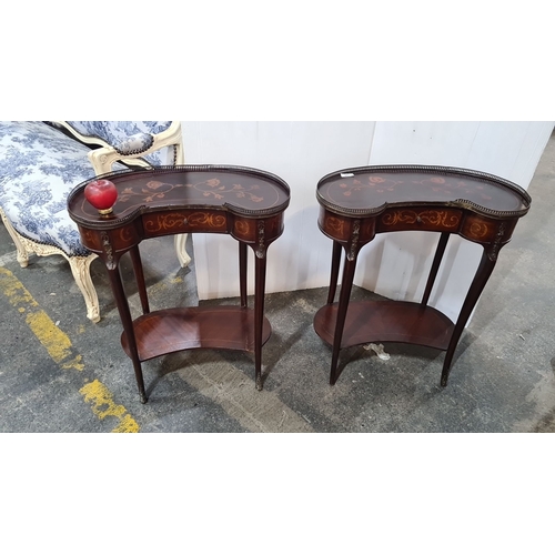 1219 - Star lot : A very impressive Pair of mahogany inlaid side tables with floral motifs, Brass low galle... 