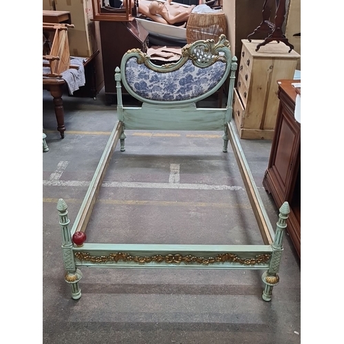 1224 - Star Lot : A stunning Rococo-inspired single bed frame with floral carvings, distressed mint finish,... 