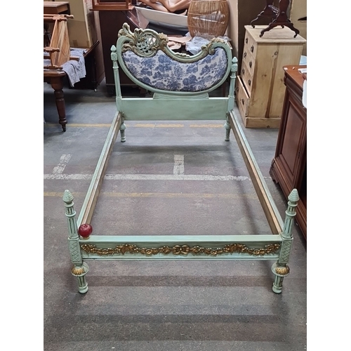 1225 - Star Lot : A stunning Rococo-inspired single bed frame with floral carvings, distressed mint finish,... 