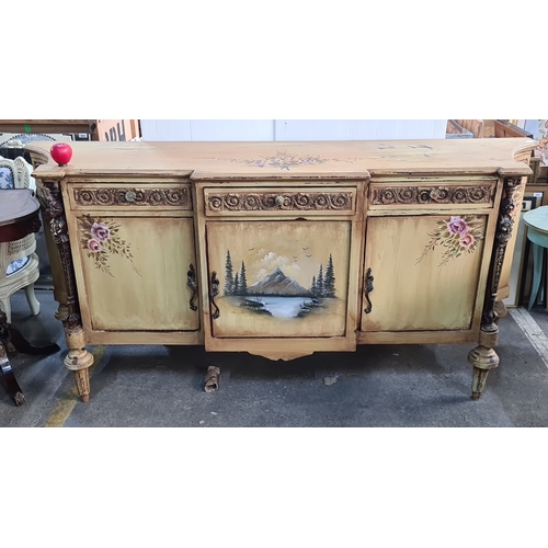 1226 - Star Lot : A fabulous French sideboard hand-painted with floral and mountain landscape motifs, featu... 