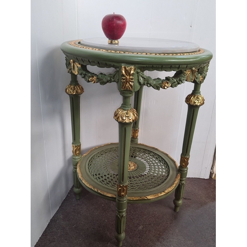 1227 - Star Lot : A very elegant Green and gold marble-topped side table with floral details and woven lowe... 