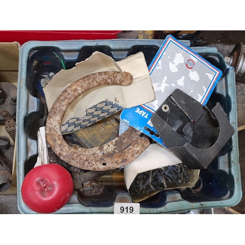 1366 - A selection of  tools and accessories including cast iron horse shoes, screws, a gas canister, and f... 